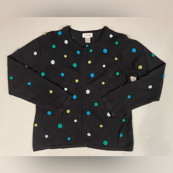 Foxcroft Black Multicolored Polka Dots Long Sleeve Zipper Cardigan Size Medium - Picture 5 of 5